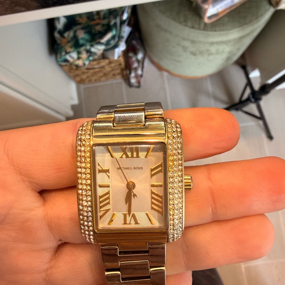 Michael Kors Gold Tone Crystal-Embellished Rectangular Bracelet Watch